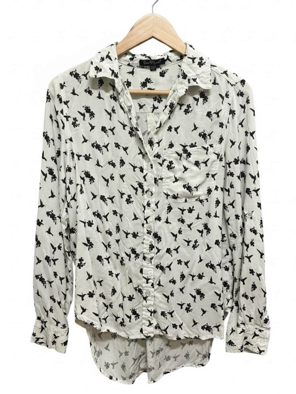 Velvet Heart Hummingbird pattern High Low Tabbed Sleeve Blouse Size S
